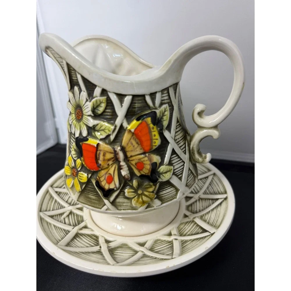 1970 Vintage Wales Ceramic Butterfly Flower‎ Pitcher Vase and Saucer Plate set